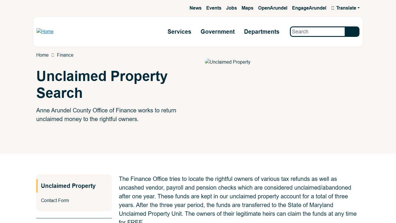 Unclaimed Property Search Anne Arundel County Government